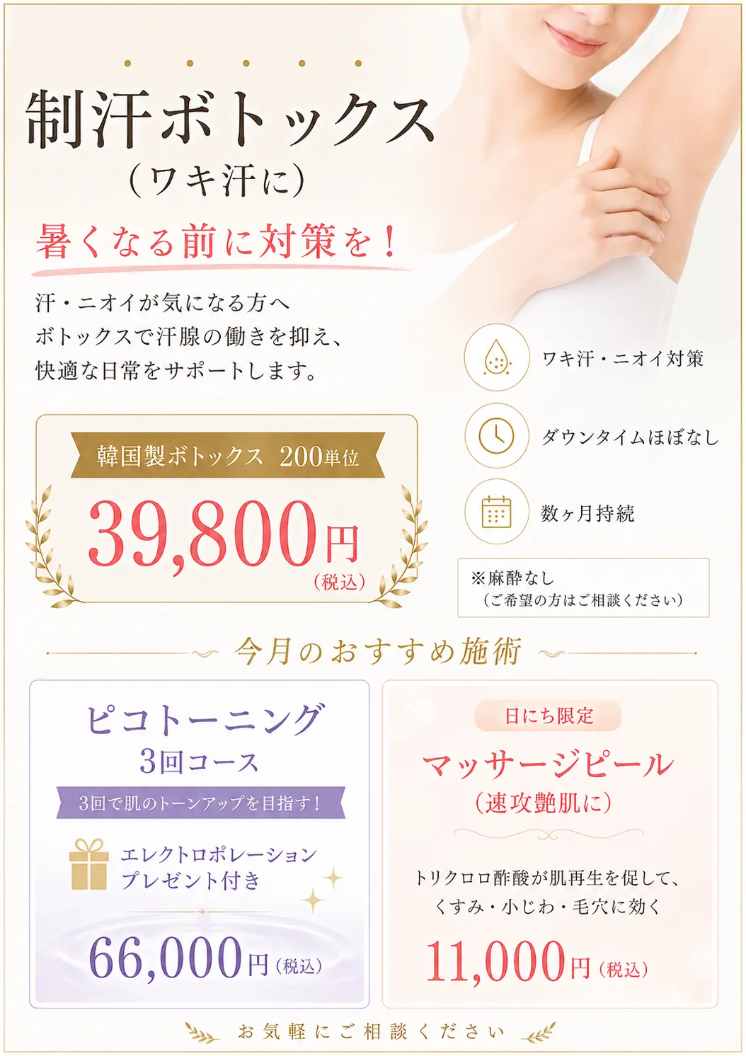 今月のおすすめキャンペーン：制汗ボトックス・ピコトーニング・マッサージピール