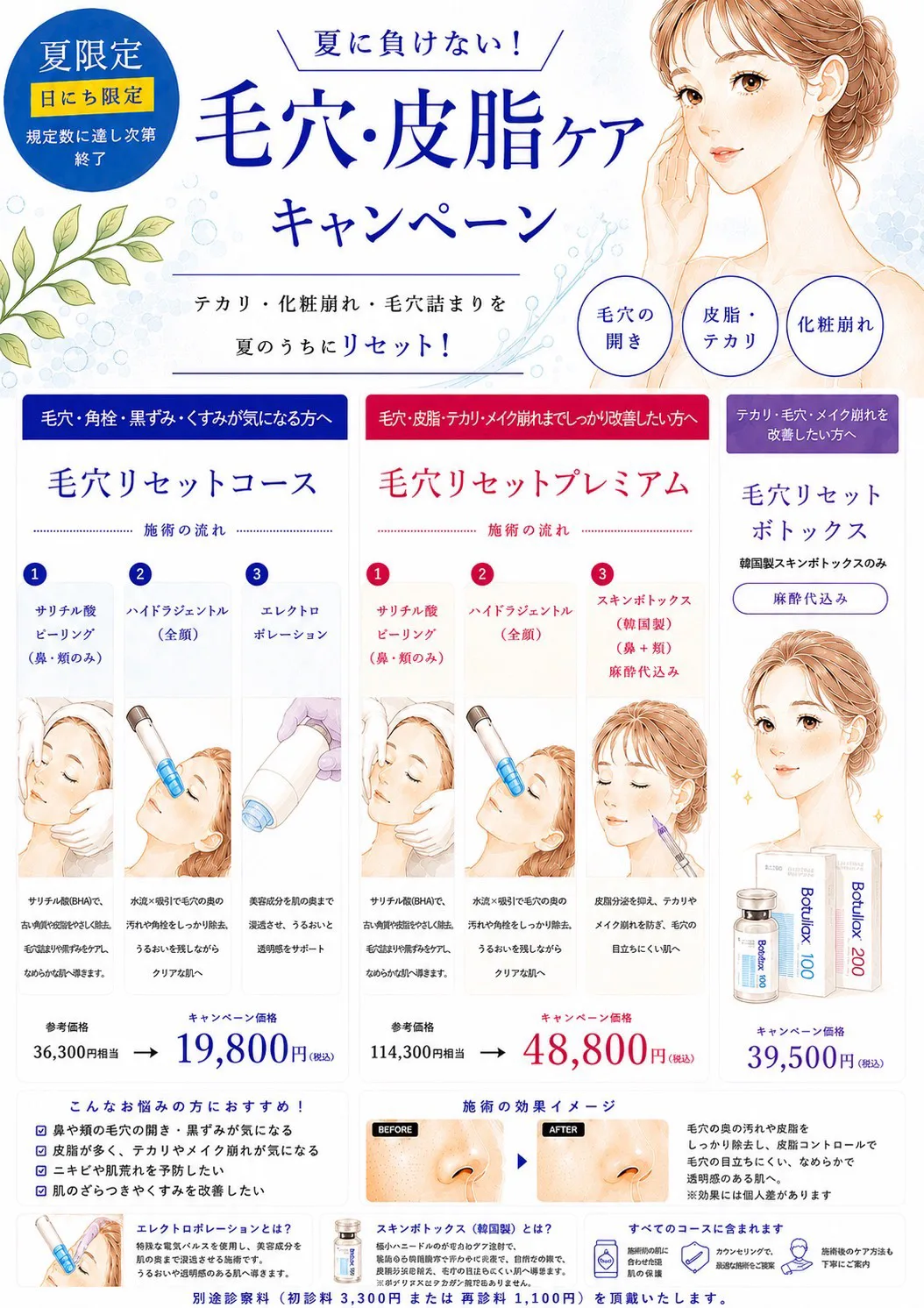 夏に負けない！毛穴・皮脂ケアキャンペーン：毛穴リセットコース・毛穴リセットプレミアム・毛穴リセットボツリヌストキシン
