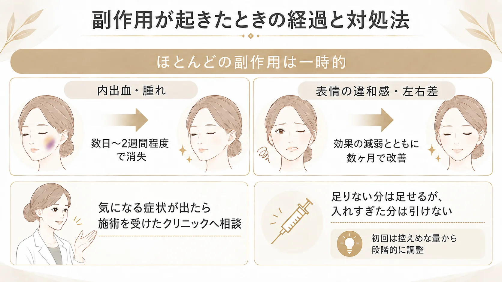 副作用のリスクを抑える4つのポイントを示したインフォグラフィック