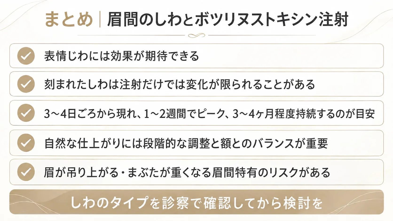 眉間のしわとボツリヌストキシン注射のまとめのインフォグラフィック